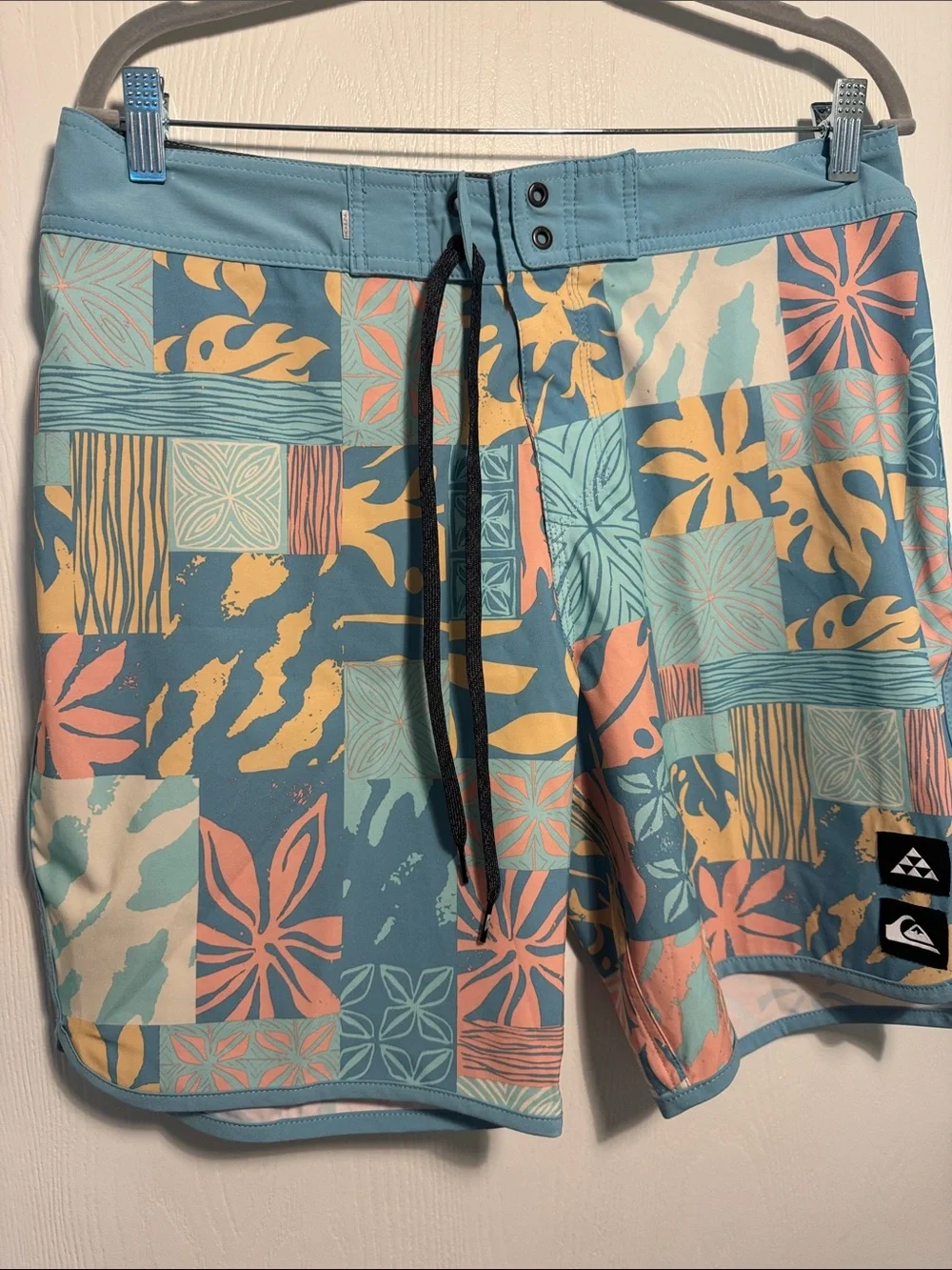 Quicksilver Aqua Patchwork Swim Trunks - Blue/Peach